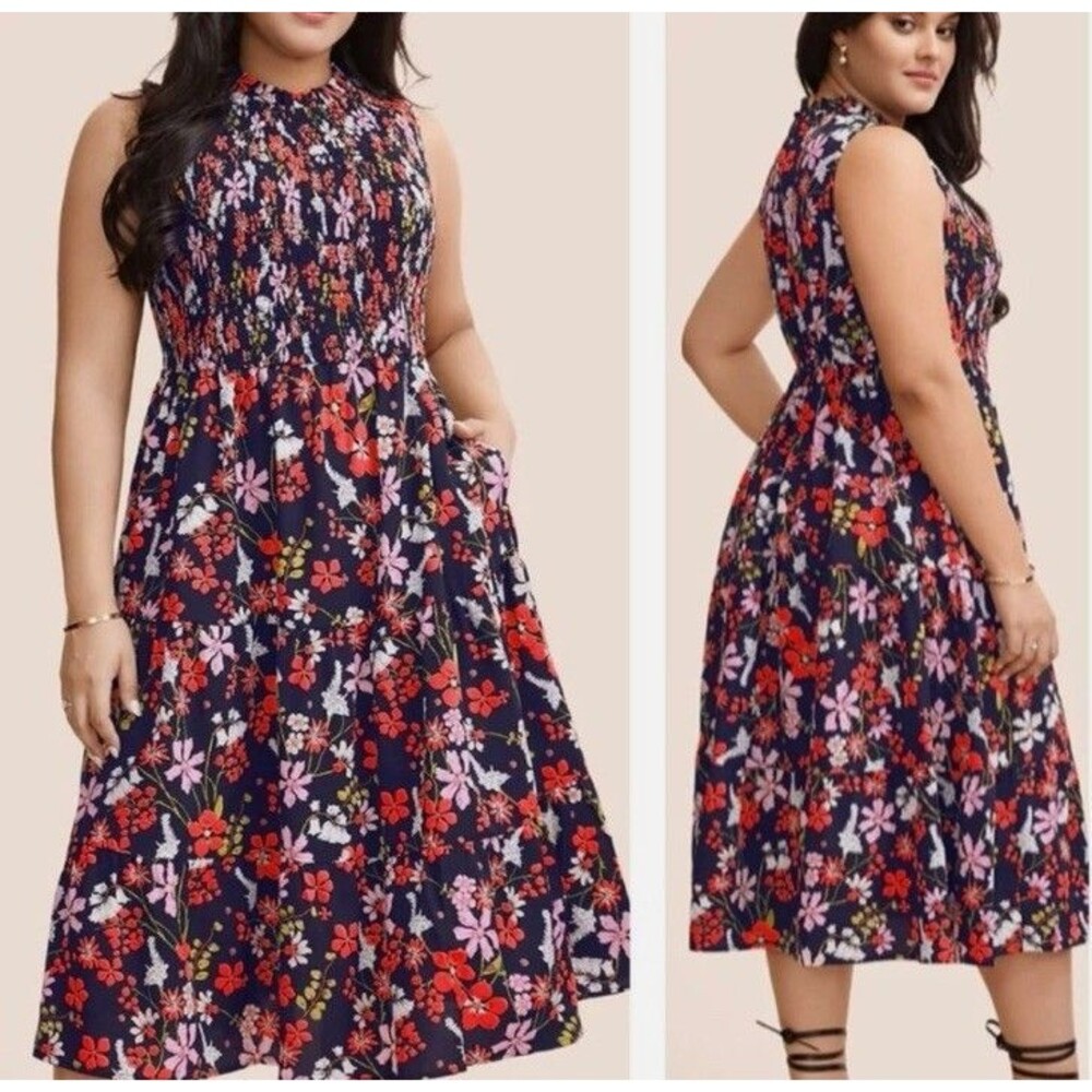 Bloomchic Navy Floral Sleeveless Dress Keyhole Back Smocked Chest Sz 10